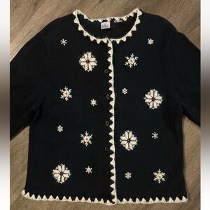 Wish For Joy Ugly Christmas Sweater L Navy Blue White Snowflake Embroidered